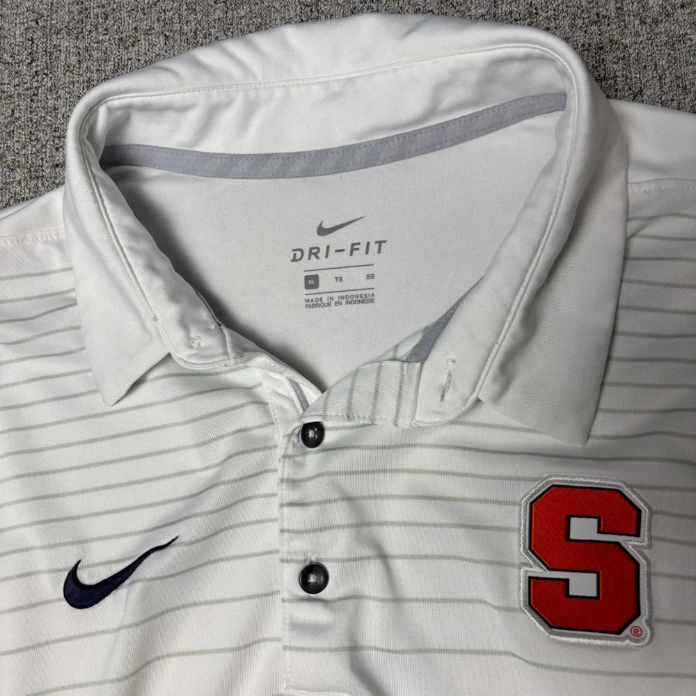 Nike Polo Shirt Mens XL White Syracuse Orange Dri-FIT Striped Short Sleeve Golf